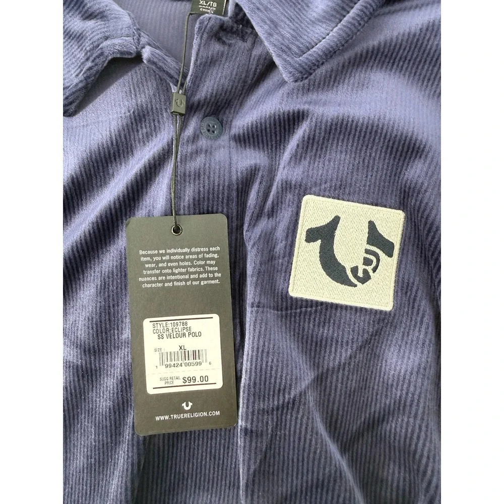 NWT True Religion Velour Polo Shirt Mens XL Eclipse Blue Short Sleeve Logo Patch - Picture 5 of 6